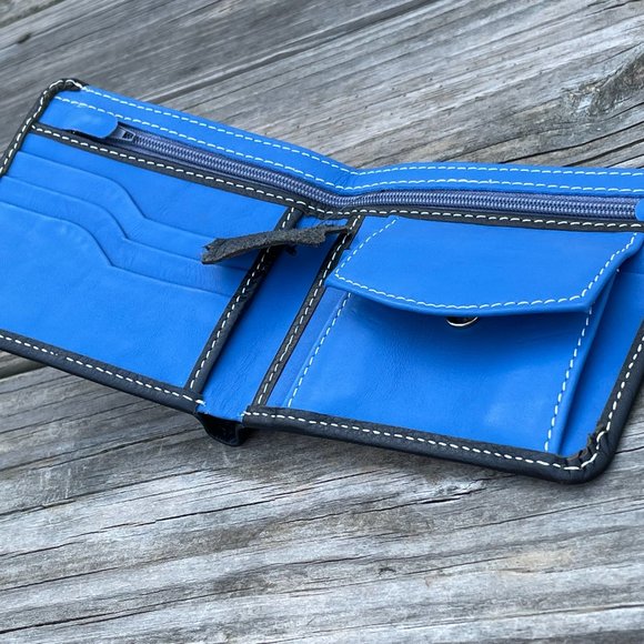 Handmade Leather Wallet BlueBlack Men Card Holder Bifold Purse Multi CardHolder - Picture 2 of 16